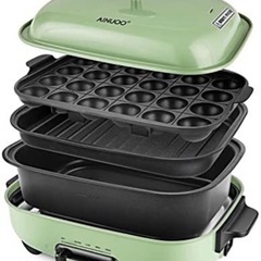 【新品未使用】ホットプレート 電気 グリル鍋 たこやき器 着脱式 波型+深鍋+たこ焼き 3枚 温度調節機能付き 蓋付き スモーキーグリーン1200w