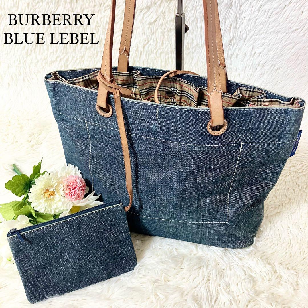 バーバリーブルーレーベル 2way デニム ノバチェック トートバッグ ポーチ付
