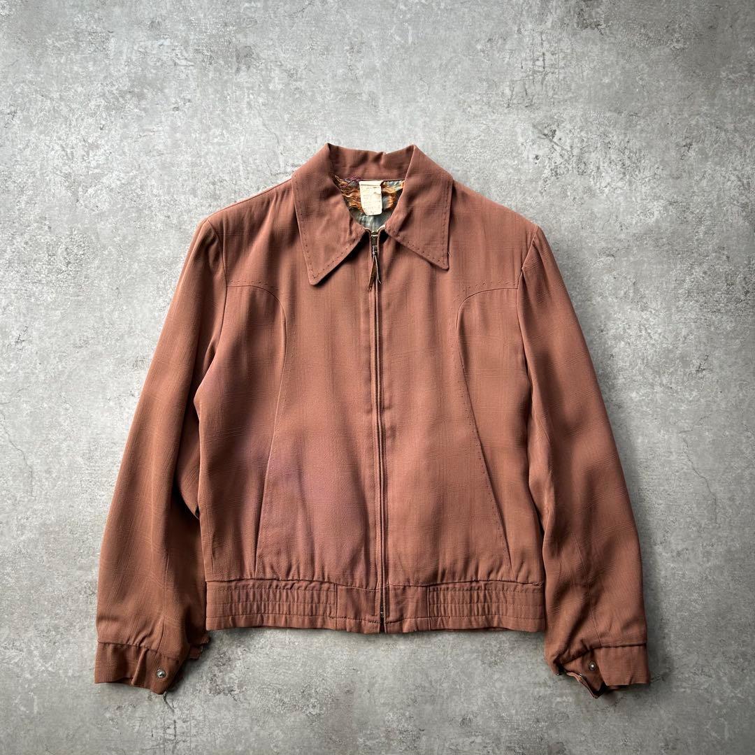 50s60s ヴィンテージレーヨンギャバジャン ピンクブラウン 36