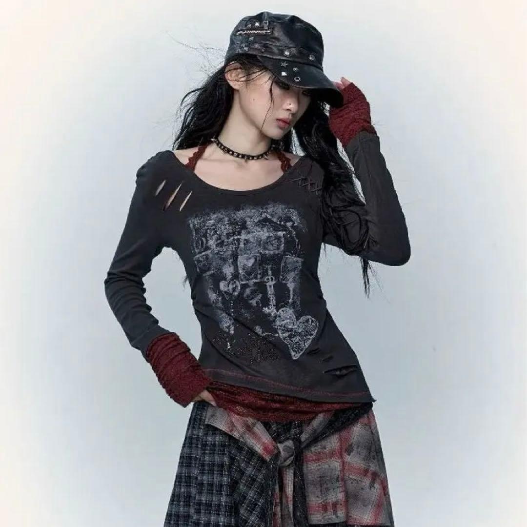 【Y2K】NO ROMANCEダークグレー ハートプリント 長袖Tシャツ