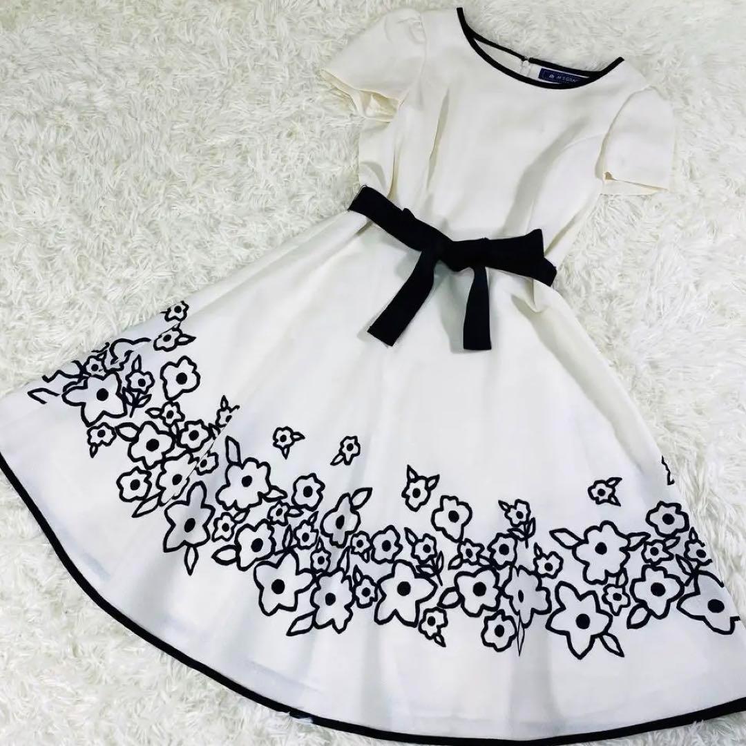 美品 エムズグレイシー 花柄 フレアワンピース ウエストリボン Aライン