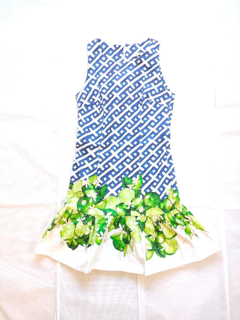 イソルダISOLDAオプアートワンピース青×緑ボタニカル南国カラフル