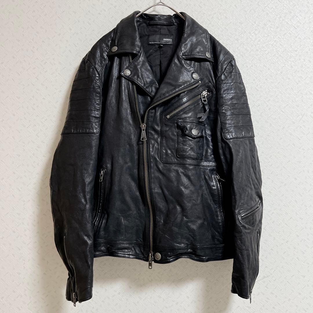 ヒロムタカハラ山羊革ゴートレザーライダースジャケットダブルブラックL