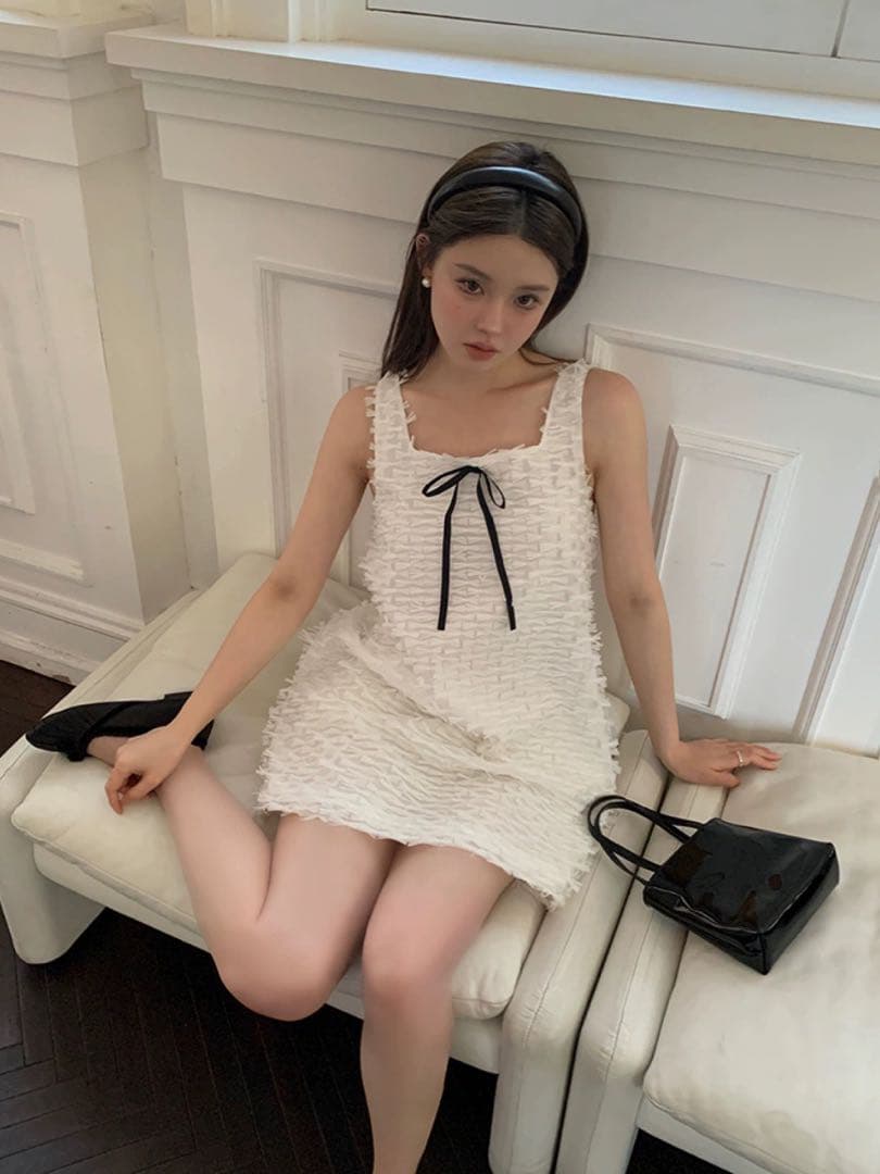 looking フリンジホワイトミニワンピース