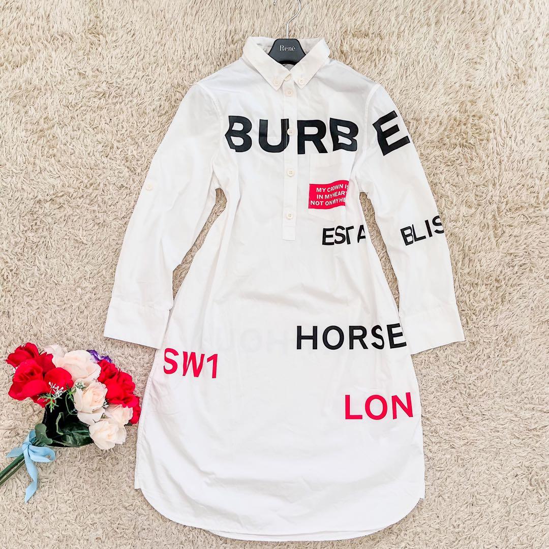 美品バーバリーホースフェリー膝丈シャツワンピースホワイトサイズM