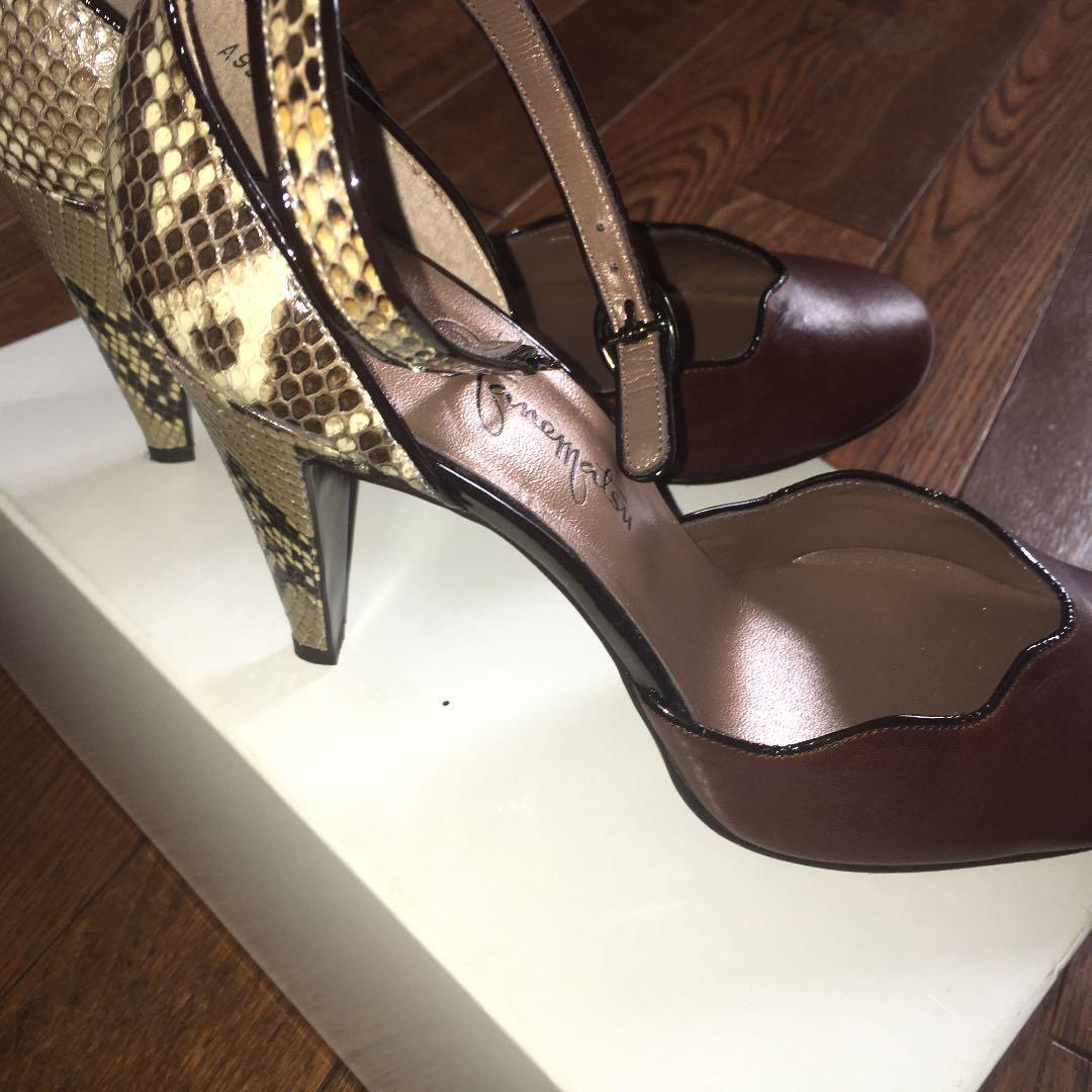ギンザカネマツ9センチヒールパイソンへび本革滑り止め付き牛革茶色
