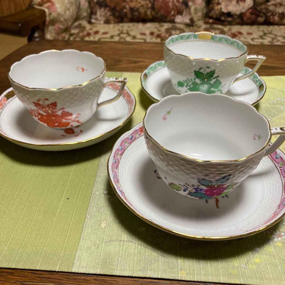 ヘレンドアポニーカップ＆ソーサー3カラー3客セット