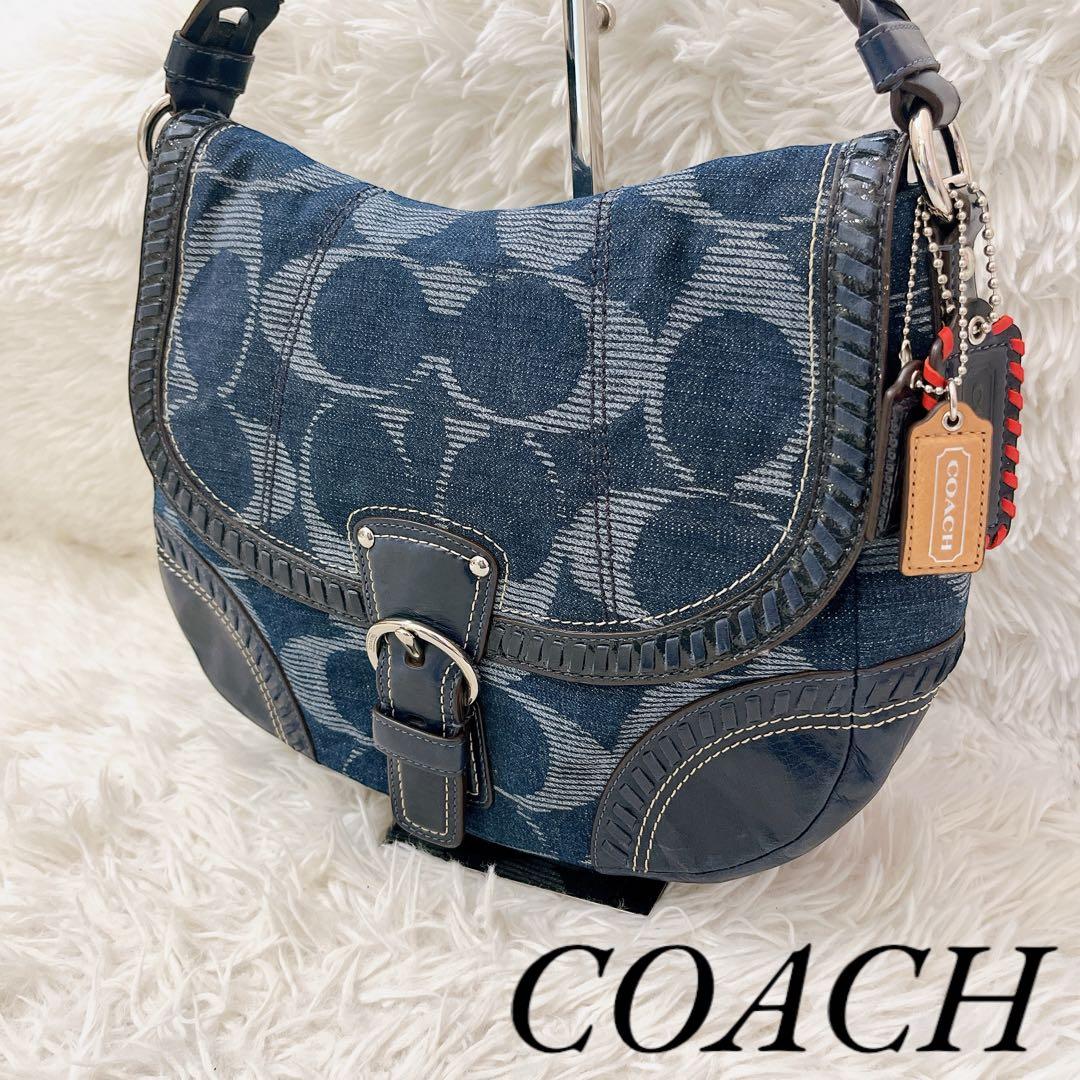 COACH デニム レザー 2way シグネチャー バックル バッグ 青 581